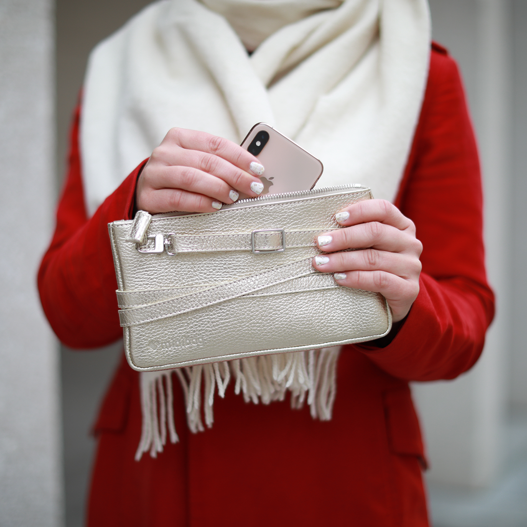 minibag metallic gold, Ledertasche gold, Clutch gold, Geldtasche zum Umhängen, Ledergurt gold